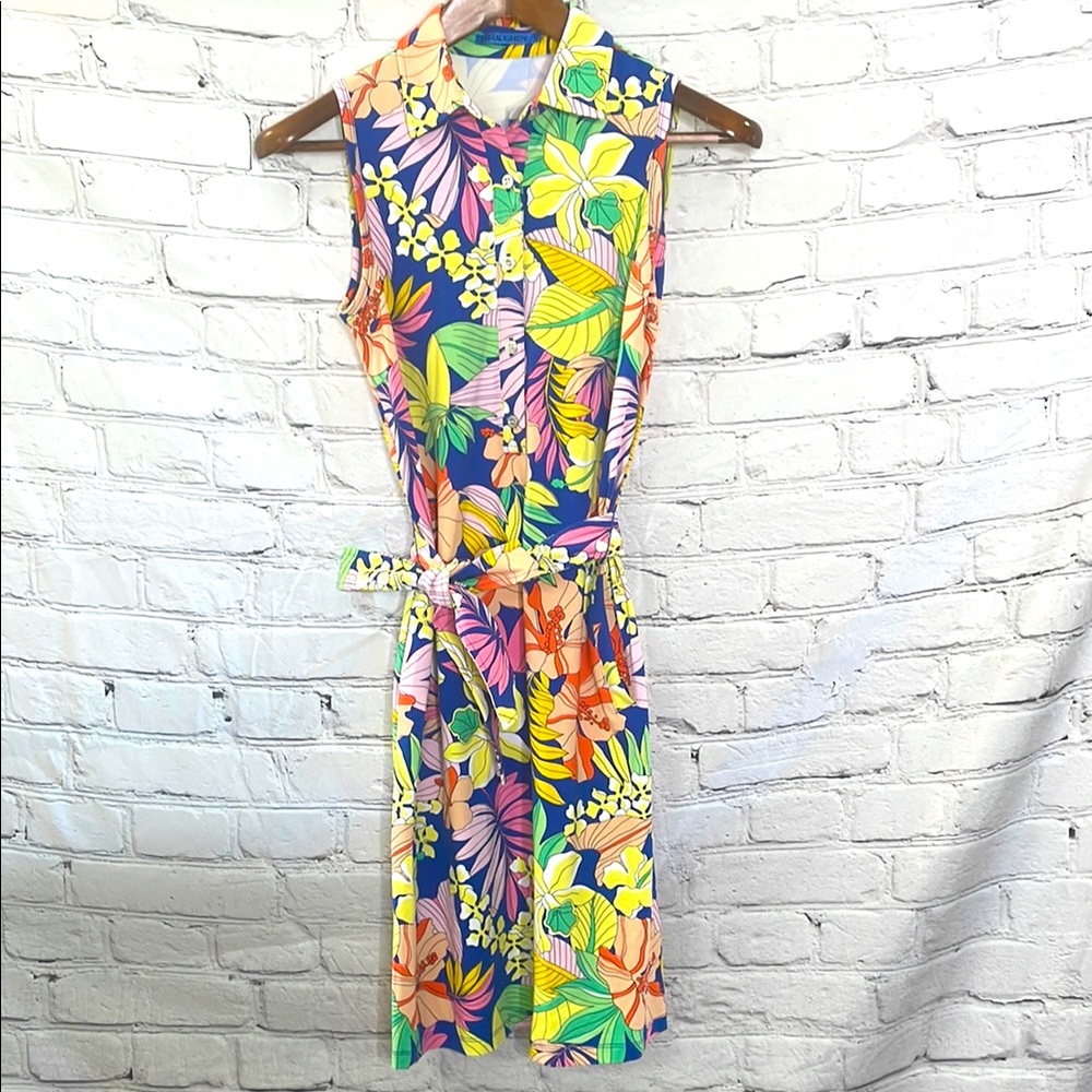 J.McLaughlin Sleeveless Dolly Blue Multi Hibiscus Belted Dress Size X-Small New
